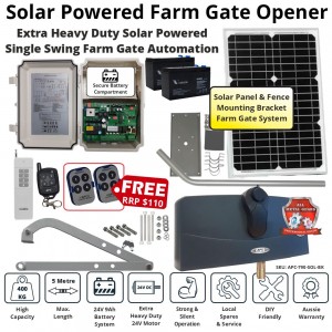 Single Swing Solar Farm Gate Opener, Electric Automatic Motorized Gate System, Driveway - Remote Control Solar Electric Farm Gate Automation
