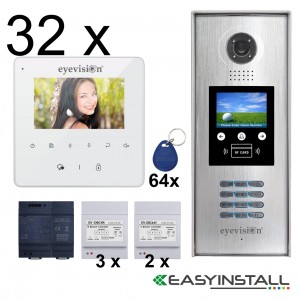 Thirty-Two Apartment Eyevision Two Wire EasyInstall Intercom System With Multi Key LCD Display and Video Camera Outdoor Station - Complete Package with 4 Inch Monitors Upgradeable to 7 Inch Monitors