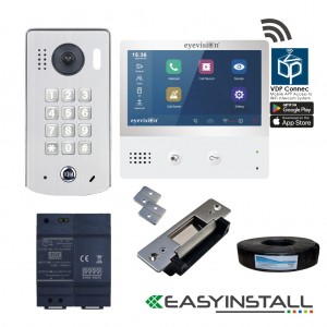 Eyevision® EasyInstall Two-Wire Doorbell Video Intercom and Electric Striker System. Two Wire 7 Inch Touch Screen Intercom Monitor and Surface Mount Video Intercom Camera Door Station, 2.0 Mega Pixel, 170° Super Wide Angle Video Keypad Outdoor Station