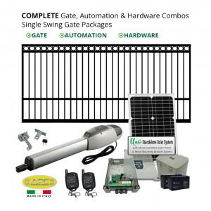 Complete Gate, Solar Powered Gate Automation & Hardware Combos with Italian Made Gate Opener. Solar Single Swing Gate Packages