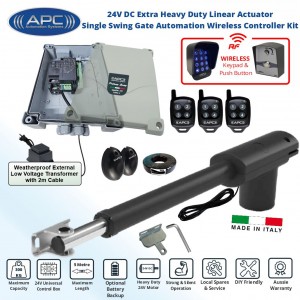 Driveway Gate Automation DIY Kit with Wireless Keypad and Push Button Switches Controller. Extra Heavy Duty Italian-Made APC PT-5000 Linear Actuator Automatic Electric Gate Opener