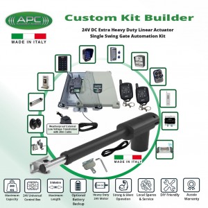 Build Your Own Gate Automation 24V System with Italian-Made APC PT-5000 Heavy Duty Linear Actuator, 24V Low Voltage Powered Single Swing Gate Opener DIY Kit.