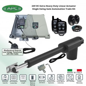 APC Single Swing Driveway Gate Automation 24V Low Voltage System with Extra Heavy Duty Italian Made Proteous PT-5000 Telescopic Linear Actuator, Remote Control Gate Opener