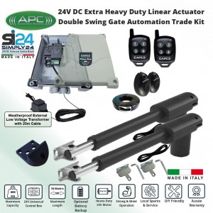 APC Double Swing Gates Opener DIY Kit 24V Low Voltage System With Extra Heavy Duty Italian Made Proteous PT-9000 Telescopic Linear Actuator, Remote Control Gate Automation System