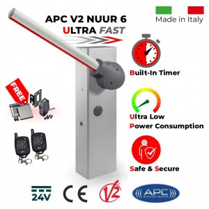 Boom Barrier / Boom Gate / Parking Barrier , Car Parking Access Control APC V2 NUUR 6, Universal Boom Gate Ultra High Speed 24V DC, 6 Meter Barrier Made in Italy, Two Key Chain Remotes and Free Offer - Retro Reflective Safety Sensor