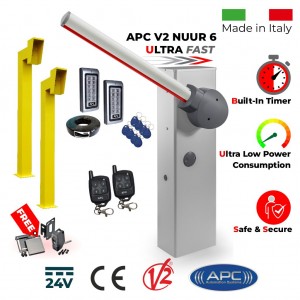 Universal Boom Gate Ultra High-Speed 24V DC, 6 Meter Barrier Made in Italy, Boom Barrier / Boom Gate / Parking Barrier, Car Parking Access Control APC V2 NUUR 6, Remote Controles, Gooseneck Pedestals, Keypads with EM Card Reader and Free Offer - Retro Reflective Safety Sensor