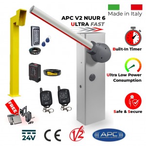 6 Meter Barrier Gate, Universal Boom Gate Ultra High-Speed 24V DC, Made in Italy, Boom Barrier / Boom Gate / Parking Barrier, Car Parking Access Control APC V2 NUUR 6, Remote Controles, Induction Loop, Gooseneck Pedestal, Keypad with EM Card Reader and Free Offer - Retro Reflective Safety Sensor