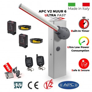Ultra Fast Italian Made Universal Boom Gate 24V DC, Boom Barrier / Boom Gate / Parking Barrier, Car Parking Access Control APC V2 NUUR 6, Remote Controles, Induction Loop Detectors and Free Offer - Retro Reflective Safety Sensor