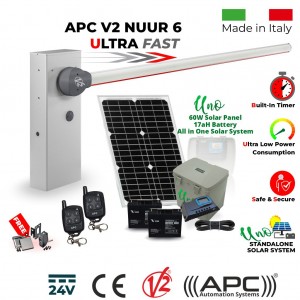 Solar Powered Off Grid Boom Barrier / Boom Gate / Parking Barrier, Car Parking Access Control Italian Made APC V2 NUUR 6, Universal Boom Gate Ultra High-Speed 24V DC, 6 Meter Barrier Made in Italy, 60W Solar Panel, 17ah Dual Battery, Uno All in One Standalone Solar System, Two Key Chain Remotes and Free Offer - Retro Reflective Safety Sensor