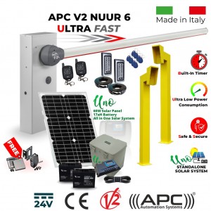 Solar Powered Off Grid Boom Barrier / Boom Gate / Parking Barrier, Car Parking Access Control APC V2 NUUR 6, Universal Boom Gate Ultra High-Speed 24V DC, 6 Meter Barrier Made in Italy, 60W Solar Panel, 17ah Dual Battery, Uno All in One Standalone Solar System, Remote Controls, Gooseneck Pedestals, Keypads with EM Card Reader and Free Offer - Retro Reflective Safety Sensor