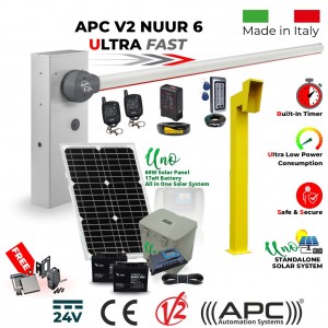 Solar Powered Off Grid Boom Barrier / Boom Gate / Parking Barrier, Car Parking Access Control APC V2 NUUR 6, Universal Boom Gate Ultra High-Speed 24V DC, 6 Meter Barrier Made in Italy, 60W Solar Panel, 17ah Dual Battery, Uno All in One Standalone Solar System, Remote Controls, Induction Loop, Gooseneck Pedestal, Keypad with EM Card Reader and Free Offer - Retro Reflective Safety Sensor