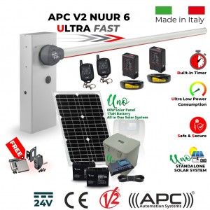Solar Powered Off Grid Boom Barrier / Boom Gate / Parking Barrier, Car Parking Access Control APC V2 NUUR 6, Universal Boom Gate Ultra High-Speed 24V DC, 6 Meter Barrier Made in Italy, 60W Solar Panel, 17ah Dual Battery, Uno All in One Standalone Solar System, Remote Controls, Two Induction Loops for Entry & Exit and Free Offer - Retro Reflective Safety Sensor