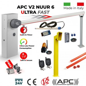 Boom Gate / Parking Barrier, Car Parking Secure Access Control APC V2 NUUR 6, Universal Boom Gate Ultra High-Speed 24V, 6 Meter Boom/Barrier Made in Italy, Remote Controls, Gate Safety Light and Antenna, 6m Red Protective Rubber, Vehicle Motion Detector, Gooseneck Pedestal, Keypad with EM Card Reader and Free Offer - Retro Reflective Safety Sensor