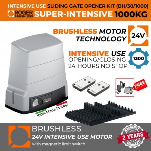 BRUSHLESS Sliding Gate Opener Kit 1000 KG |100% Italian Made by Roger Technology BH30 Sliding/Roller Gate Automation System. 100% Duty Cycle, High Torque Brushless Super Intensive Use, 1 Ton Capacity Rolling Engine With Magnetic Limits and Safety Sensor