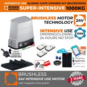 1000 KG Brushless Sliding Gate Opener Wi-Fi Access Control, 24V Low Voltage Power Kit |100% Italian Made by Roger Technology BH30 Sliding/Roller Gate Automation System. Super Intensive Use, 100% Duty Cycle 1 Ton Capacity Brushless High Torque Sliding Gate Motor With Magnetic Limits, Remote Controls, Reflective Safety Sensor, Wi-Fi Keypad Smart Secure Access Control and Weatherproof External 24V Transformer with 20m Cable.
