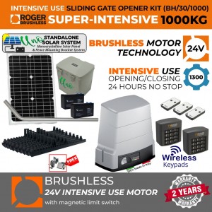 Solar Powered Brushless Sliding Gate Opener Standalone Off-Grid Super Secure Kit 1000 KG |100% Italian Made by Roger Technology BH30 Sliding/Roller Gate Automation System. 100% Duty Cycle, High Torque Brushless Super Intensive Use, 1 Ton Capacity Rolling Engine With Magnetic Limits Remote Controls, Reflective Safety Sensor and Two Wireless Keypad Secure Access Controls