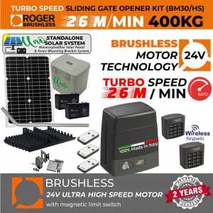 Standalone Off-Grid Solar Powered Sliding Gate Opener Super Secure Kit|100% Italian Made by Roger Technology BM30 HS Sliding Gate Automation System. Ultra High-Speed 100% Duty Cycle 400kg Brushless Engine With Magnetic Limits, Remote Controls, Reflective Safety Sensor, Two Wireless Keypad Access Controls