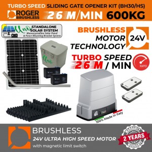 Solar Powered TURBO-SPEED BRUSHLESS Sliding Gate Opener Kit|100% Italian Made by Roger Technology BH30/604/HS Rolling Gate Automation System. Ultra High-Speed 100% Duty Cycle 600kg Brushless Sliding Engine With Magnetic Limits