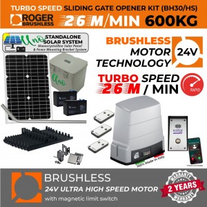 Solar Powered Sliding Gate Opener Phone Access Kit |Turbo-Speed 100% Italian Made by Roger Technology BH30/604/HS Rolling/Sliding Gate Automation Standalone Off-Grid Solar System. Ultra High-Speed 100% Duty Cycle 600kg High Torque Brushless Motor With Magnetic Limits, Remote Controls, Reflective Safety Sensor, and 4G GSM Audio Intercom Doorbell