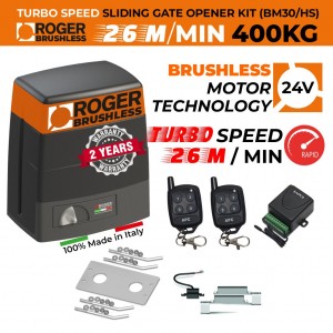 Replacement Sliding Gate Brushless Motor Turbo Speed (26m/min) / 400kg. BRUSHLESS Sliding Gate Opener Replacement Motor Kit|100% Italian Made by Roger Technology BM30 HS Sliding Gate Automation external Receiver and Remote Control System. High Torque, 100% Duty Cycle 400kg Brushless Electric Gate Opener Motor With Magnetic Limits, APC Two Channel Receiver and Remote Controls.