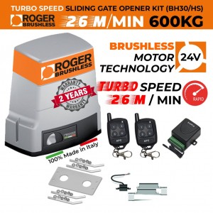 Replacement Driveway Sliding Gate Brushless Motor Turbo Speed (26m/min) / 600kg. BRUSHLESS Sliding Gate Opener Replacement Motor Kit|100% Italian Made by Roger Technology BH30/604/HS Sliding Gate Automation High Torque, 100% Duty Cycle 600kg Brushless Electric Gate Opener Motor With Magnetic Limits, APC Two Channel Receiver and Remote Controls.