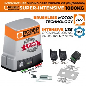 Replacement Driveway Sliding Gate High Torque Brushless Motor 1000kg. BRUSHLESS Sliding Gate Opener Replacement Motor Kit|100% Italian Made by Roger Technology BH30 Sliding Gate Automation 100% Duty Cycle, Super Intensive Use, 1 Ton Capacity Sliding Gate Motor Including Fixing Plate, Magnetic Limits, APC Two Channel Receiver and Remote Controls.