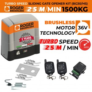 Replacement Driveway Sliding Gate Brushless Motor Turbo Speed (25m/min) / 1500kg / High Torque. BRUSHLESS Sliding Gate Opener Replacement Motor Kit|100% Italian Made by Roger Technology BBG30/1504/HS Sliding Gate Automation High Torque, 100% Duty Cycle 1.5 Ton Capacity Brushless Electric Gate Opener Motor With Magnetic Limits, APC Two Channel Receiver and Remote Controls.