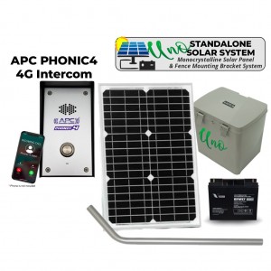 Complete Standalone Solar Powered Off-Grid Access Control Solution with APC PHONIC4 | 4G Intercom - GSM Audio Intercom Doorbell and Switch for Driveway Gate Automation Remotely Opening/Closing Systems Included 12 Volt Solar Power Supply with 17aH Battery and 12V 20 Watts Solar Panel.