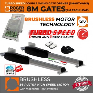Italian-Made Roger Technology 36V Brushless Ultra High-Speed Swing Gate Motor, 8m Opening (4M or 400KG Each Leaf), Super Intensive Use