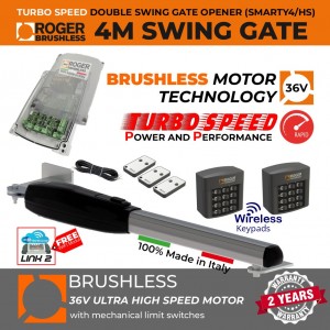 Brushless 36V Turbo-Speed Single Swing Gate Opener Kit | 100% Italian Made by Roger Technology SMARTY4/HS Brushless Swing Gate Motor for Max. 4M or 400KG Gate Leaf. Ultra High-Speed, 100% Duty Cycle, High Torque, Mechanical Stopper in Opening and Closing Limits, Remote Controls, Reflective Safety Sensor, Two Wireless Keypads. APC Single Swing Gate Automation, Super Secure Access Controls System.