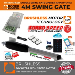 Brushless 36V Turbo-Speed Single Swing Gate Opener Smart Wi-Fi Kit | 100% Italian Made by Roger Technology SMARTY4/HS Brushless Swing Gate Motor for Max. 4M or 400KG Gate Leaf. Ultra High-Speed, 100% Duty Cycle, High Torque, Mechanical Stopper in Opening and Closing Limits Single Swing Gate Automation System With Remote Controls, Reflective Safety Sensor, APC MONDO Wi-Fi Keypad Smart APP Access Control.