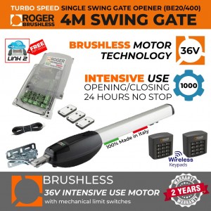 Brushless 36V Single Swing Gate Opener Super Secure Kit | 100% Italian Made by Roger Technology BE20/400 for Swing Gate Automation System for Max. 4M or 400KG Gate Leaf. 100% Duty Cycle, High Torque,  Super Intensive Use, Brushless Gate Motor With Mechanical Stopper in Opening and Closing Limits, Remote Controls, Reflective Safety Sensor, Two Wireless Keypads, Super Secure Access Controls System.