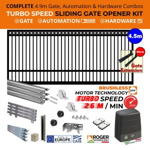COMPLETE 4.9m Sliding Gate Combo (4.5m Ring Top Gate + 0.4m Gate Extension), ULTRA High Speed 100% Duty Cycle 400kg Roger Technology Brushless Gate Opener and European Made CAIS Sliding Gate Hardware Combo