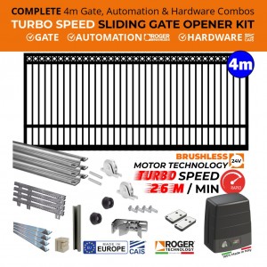 COMPLETE 4m Ring Top Gate, ULTRA High Speed 100% Duty Cycle 400kg Roger Technology Brushless Gate Opener and European Made CAIS Sliding Gate Hardware Combo