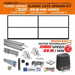 Complete Gate, Hardware and Automation Combo With 3m GATE FRAME, ULTRA High Speed 100% Duty Cycle 400kg Roger Technology Brushless Gate Opener and European Made CAIS Sliding Gate Hardware