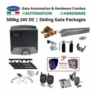 Sliding Gate Opener and Gate Hardware DIY Kit Includes Extra Heavy Duty APC Proteous 500 Italian Made Automatic Electric Sliding Gate Motor, Remotes, Retro Reflective Safety Sensor, Wireless Access Controller and Sliding Gate Hardware Set.