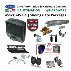 Ultra Fast Sliding Gate Opener and Gate Hardware DIY Kit Include Extra Heavy Duty APC Proteous 450 Sprint Italian Made Ultra Fast Automatic Electric Sliding Gate Motor, Remotes, Retro Reflective Safety Sensor, Wireless Access Controller and Sliding Gate Hardware Set.