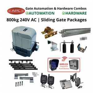 800KG Residential Grade Sliding Gate Automation System and Gate Hardware DIY Kit Include APC Typhoon 800 Automatic Electric Sliding Gate AC Motor, Remotes, Retro Reflective Safety Sensor, Wireless Access Controller and Sliding Gate Hardware Set.