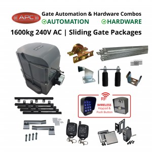 1600KG (1.6 Tonne) Extra Heavy Duty Sliding Gate Automation System and Gate Hardware DIY Kit Include APC Typhoon 1600 Automatic Electric Sliding Gate AC Motor, Remotes, Retro Reflective Safety Sensor, Wireless Access Controller and Sliding Gate Hardware Set.