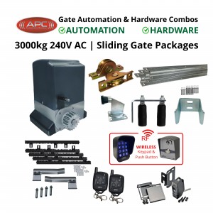 3000KG (3 Tonne) Commercial Grade Sliding Gate Automation System and Gate Hardware DIY Kit Includes APC Typhoon 3000 Automatic Electric Sliding Gate AC Motor, Remotes, Retro Reflective Safety Sensor, Wireless Access Controller and Sliding Gate Hardware Set.