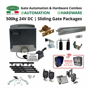 Extra Low Voltage 24V DC Electric Gate Opener and Sliding Gate Hardware DIY Kit | Extra Heavy Duty APC Proteous 500 Italian Made Automatic Electric Sliding Gate Motor, Remotes, Retro Reflective Safety Sensor, Wireless Access Controller and Sliding Gate Hardware Set.