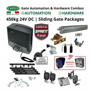 Extra Low Voltage 24V DC Electric Ultra Fast Gate Opener and Sliding Gate Hardware DIY Kit | Ultra Fast APC Proteous 450 Italian Made Automatic Electric Sliding Gate Motor, Remotes, Retro Reflective Safety Sensor, Wireless Access Controller and Sliding Gate Hardware Set.