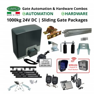 Extra Low Voltage 24V DC Super Duty 1000 KG Sliding Gate Opener and Gate Hardware DIY Kit Include APC Proteous P1000 Italian Made Super Duty Automatic Electric Sliding Gate Motor, Remotes, Retro Reflective Safety Sensor, Wireless Access Controller and Sliding Gate Hardware Set.