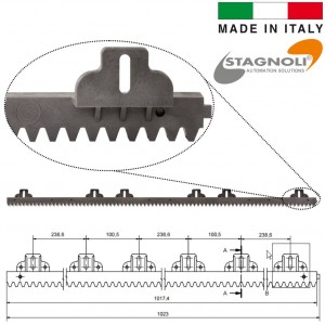 1020mm Fixings Facing Up Steel Reinforced Nylon Gear Rack for Domestic and Commercial Sliding and Cantilever Gates. Made in Italy by Stagnoli