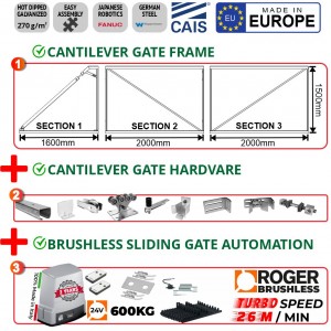 COMPLETE Cantilever Gate & Hardware & Automation Combo for 4m Driveway | 1.5m High Cantilever Gate Frame and Cantilever Sliding Gate Hardware for 4m Driveway Trackless Sliding/Rolling Gate System (CAIS CONNECT 60 - 4.0/1.5 Made in Europe) with 600KG Turbo-Speed Brushless Sliding Gate Opener Kit (Italian Made by Roger Technology)