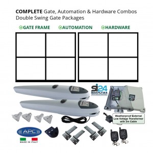 Complete Double Gate Frames, Electric Gate Automation & Hardware Combos with Italian Made Heavy Duty Gate Opener System. APC Double Swing Electric Gate Packages
