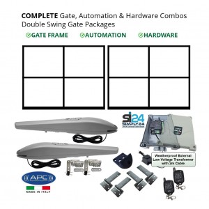 Complete Double Gate Frames, Electric Gate Automation & Hardware Combos with Italian Made Heavy Duty Gate Opener System. APC Double Swing Electric Gate Packages