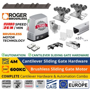 4M Complete Cantilever Gate Hardware and 600KG Turbo Speed Roger technology Brushless Gate Automation Package. Hot Dip Galvanised German Steel Cantilever Sliding Gate Hardware (Made in Europe by CAIS) and 600KG Turbo Speed Brushless Sliding Gate Automation (Made in Italy by Roger Technology)