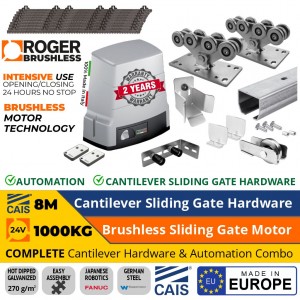 8M Complete Cantilever Gate Hardware and Automation Package. Hot Dip Galvanised German Steel Cantilever Sliding Gate Hardware (Made in Europe by CAIS) and 1000KG Super Intensive Use Brushless Sliding Gate Automation (Made in Italy by Roger Technology)