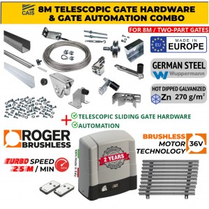 8m Complete Telescopic Sliding Gate Hardware for Two-Part Driveway Sliding Gate and Gate Automation Combo | Turbo-Speed Brushless 36V, 1500kg, 25m/min Sliding Gate Opener Italian Made by Roger Technology Rolling Gate Automation System and 8m Complete Telescopic Sliding Gate Installation Kit for Two-Part Driveway, Hot Dip Galvanized German Steel Sliding Gate Telescopic Hardware Set Made in Europe by CAIS [SHORTBACK DUE 8.0]